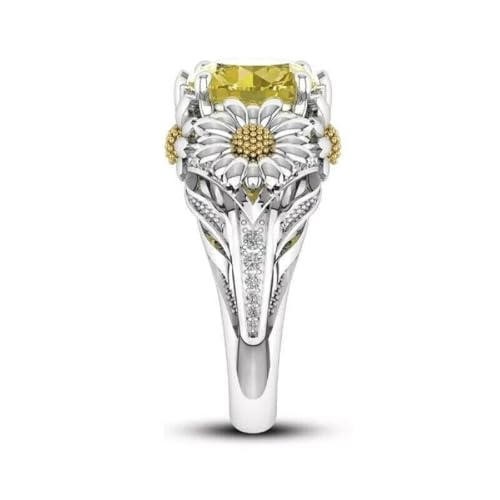 925 Sterling Silver Round Cut Yellow Sapphire Gemstone Sunflower Milgrain Engagement Wedding Ring for Women's In 14K White Gold Finish4