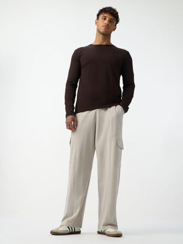 Image of The Souled Store Solids: Stone Grey Men and Boys Elastic Waistband Stone Grey Solid Cotton Blend Knit Straight Fit Cargo Pockets Lightweight Everyday All-Season Joggers