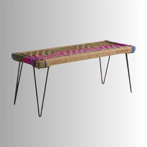 Image of Noora Metal Bench for Seating with Sturdy Iron Legs | Stylish Bench for Living Room, Balcony & Garden | Traditional Patio for Outdoor and Indoor with Chindi and Jute Rope | Multicolored