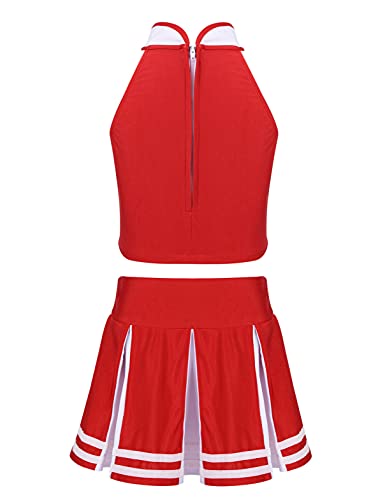 Moily Big Girls Classic Cheerleading Team Uniform High Neck Crop Top With Pleated Boxer Skirts Rooter Stage Suit Red&White 5-6 Years #TOP3