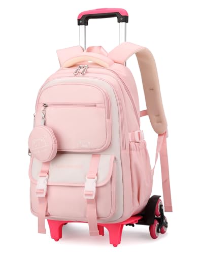 Tanou Mochila Escolar con Ruedas para Niñas, 30L Mochilas para Colegio Instituto con Carro, Trolley Desmontable Mochila Casual de Viaje Escolar para Adolescente Chica, Rosa