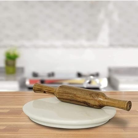 IBLAY Natural Stone Marble Round Cutting, Serving and Cheese Tray Board Marble Chakla and Wooden Belan for Home & Kitchen (9 Inches) - Image 2