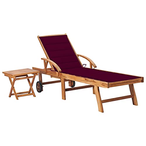 SKM Tumbona con Mesa y cojín Madera Maciza de Teca,Mobiliario,Muebles de jardín,Asientos de Exterior,Tumbonas,Rojo,22.86 kg,3063030