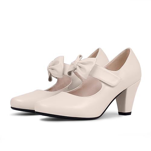 Women's Vintage Bow Round Toe Block High Heel Ankle Strap Cute Mary Janes Pumps3