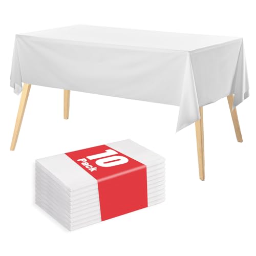 Image of Plastic Table Cloth, 10 Packs Disposable Tablecloth 54 X 108 Inch White Plastic Tablecloth for Rectangle Tables Tougher PEVA Table Cover for Party Decorations Picnic Graduation Camping Birthday