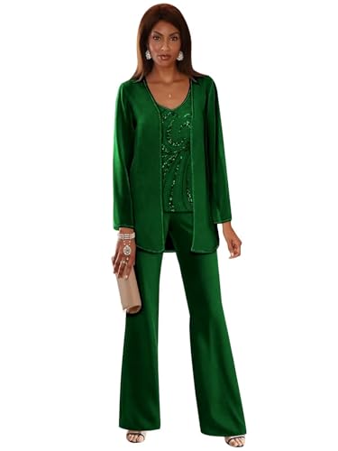 Senunlia 3 Pieces Grandmother of The Bride Pant Suits Chiffon Emerald Green Wedding Guest Outfits for Women Dressy Pantsuits Size 16