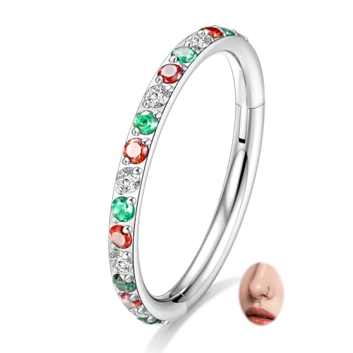 FUNLMO Nose Rings Hoops Septum Rings Conch Helix Daith Rook Tragus Cartilage Piercing Jewelry 316L Surgical Steel 16G 8mm Silver Christmas Colorful Cube Zircon