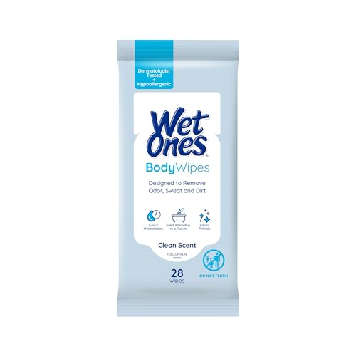 Image of Wet Ones Body Wipes, Clean Scent, 28 ct (6 Pack) | Travel pack, Face and body cleansing wipes, Large size, Removes sweat and body odor, Quick-dry, No rinse, Hypoallergenic