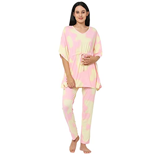 Image of Sweet Dreams Women Tie & Dye V-Neck Flared Sleeve Poly Brush Kaftaan & Pyjama Set