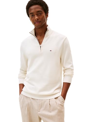 Tommy Hilfiger Men's Lightweight Pullover Quarter Zip Sweater, Ivory Petal, S