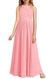 HOSIKA Girls Halter Neck Sleeveless Elegant Lace Chiffon A-line Long Flower Girl Dress for Wedding Party 6-12 Y Pink