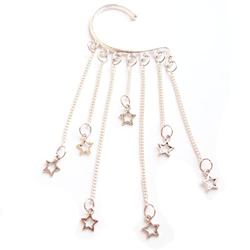 Handmade Black Star Ear Cuff Silver Earrings No Piercing Fake Pierced Long Chain Faux Piercing No Piercing Needed Ear Cuff Under Ear
