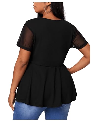 OYOANGLE Women's Plus Size Mesh Short Sleeve Criss Cross Front Plunging Neck Peplum Blouse2