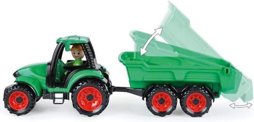 Lena Truckies Traktor mit Anhänger 38 cm, grün, Robustes Sandkasten Spielzeug mit abnehmbaren Anhänger, klappbare, Fahrerhaus, Kippmulde & Spielfigur, für Kinder ab 2 Jahren,