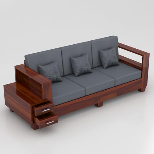 Image of Sheesham Wooden 3 Seater Sofa for Living Room | Solid Wood Sofa with Side Box Storage & Cushion | Rosewood Sofa Set for Home & Office | Lounge (Honey, 3 Seater)