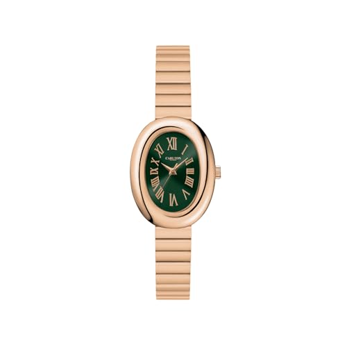 Image of Carlton London Women Daphne Analog Watch, Oval Dial, Stainless Steel Strap, Quartz Movement, Green Dial, Rose Gold Strap, 30M Water Resistant, Casual Wear | CL-DA-GRN