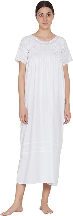 Chemise de nuit classique en coton premium femme blanc tissage traditionnel