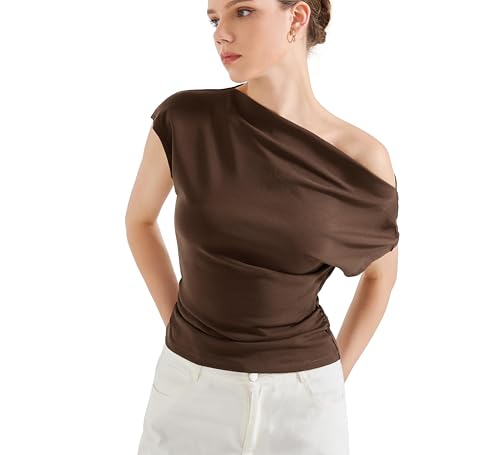 SUUKSESS Women Off The Shoulder Summer Tops One Shoulder T Shirt Casual Short Sleeve Boat Neck Tees