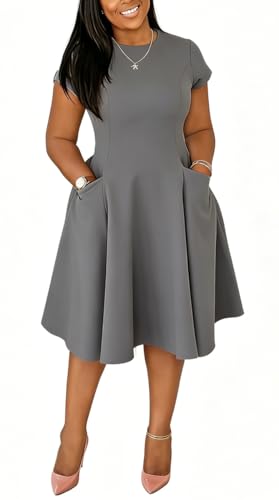 Image of Summer Dresses for Women Semi-Formal Fit Casual Slim Short Sleeve O-Neck Elegant Swing A Line Midi Dresses with Pockets