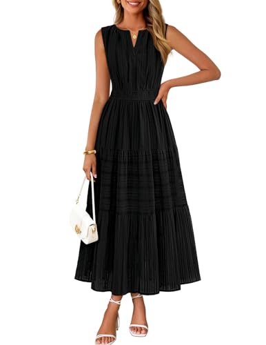 MEROKEETY Womens Summer Casual Midi Maxi Dress 2026 Beach Vacation Sleeveless Boho V Neck Cotton Modest Long Dresses Pockets