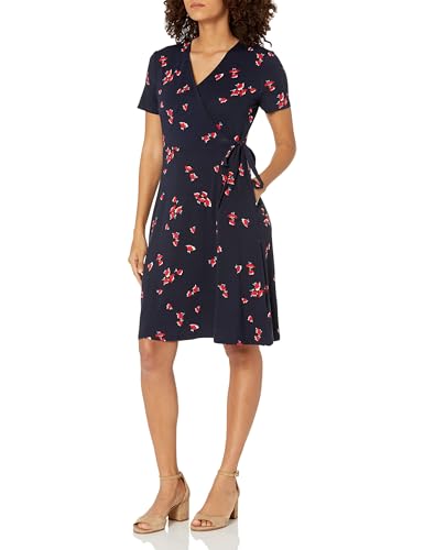 Amazon Essentials Damen Kurzärmliges Kleid mit Wickeloptik, Marineblau Rot Blumen, M