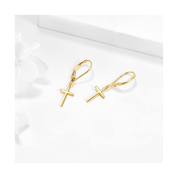 KECHO 14k Solid Gold Cross Earrings for Women Heart Leverback Dangle Drop Earrings Jewelry Birthday Gifts for Her - Image 5