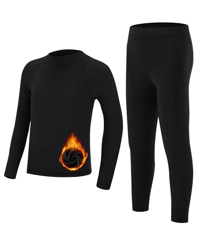Runhit Thermal Underwear for Kids Long Johns Ultra Soft Long Sleeve Shirts Sets Skiing Base Layer Fleece Lined Pants Suit Black M