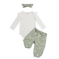 ABOHU Baby Mädchen Kleidung, 3 teilig Neugeborene Rüschen Langarm Strampler Gänseblümchen Hose Sets mit Stirnband, Babykleidung Outfit Set Mädchen von 3–12 Monaten