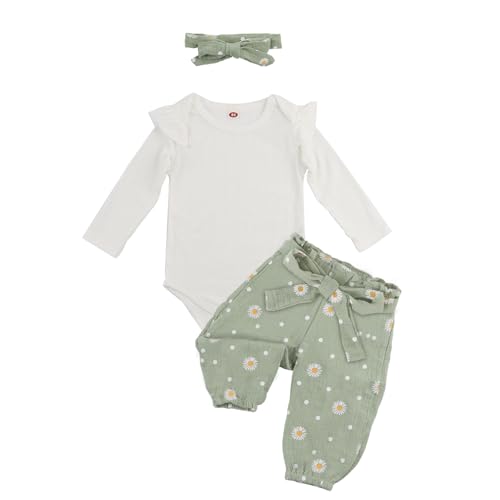 ABOHU 4 Piezas Conjunto Ropa Bebé Niña Recién Nacido, Manga Larga Mono con Volantes + Pantalones Florales + Diademas + Cinturón Conjunto, Conjuntos de Ropa para Bebés 0-12 Meses