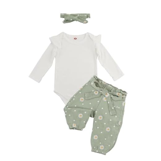 ABOHU Vetement Bebe Fille Nouveau-né Barboteuse à Volants Manche Longue + Floral Pantalon + Bandeau + Ceinture Ensemble, Vêtements Bébé Fille 95% coton pour Bébé 0-12 Mois Automne Primtemps
