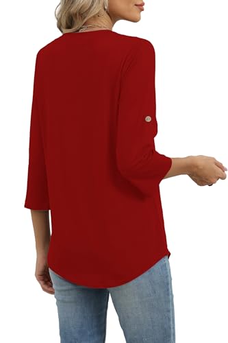 Image of XIEERDUO 3 /4 Length Sleeve Womens Tops V Neck T Shirts Both Side Buttons Blouses Business Casual Outfits Loose Fit