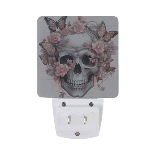 Image of Skull Rose Butterfly Night Lights 2 Pack Plug-in Wall Led Nightlight Auto Dusk-to-Dawn Sensor Lamps for Bedroom Kitchen Bathroom