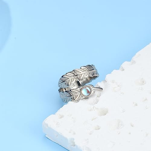 KRFY 925 Sterling Silver Adjustable Rings for Women Girls Wedding Engagement Eternity Moonstone Ring Feather Angel Wings Adjustable Open Thumb Rings for Women Men Silver