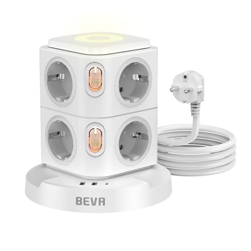 BEVA Regleta Enchufes Vertical, Ladron Enchufes con Luz Nocturna Regulable y Protección contra...