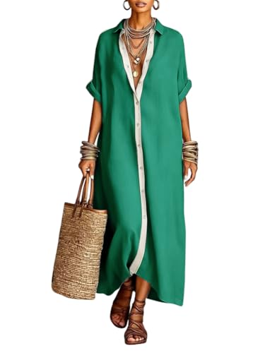 chouyatou Women's Contrast Color Button Down Shirt Dress Short Sleeve Cotton Linen Casual Loose Beach Long Maxi Dress (Medium, Green)