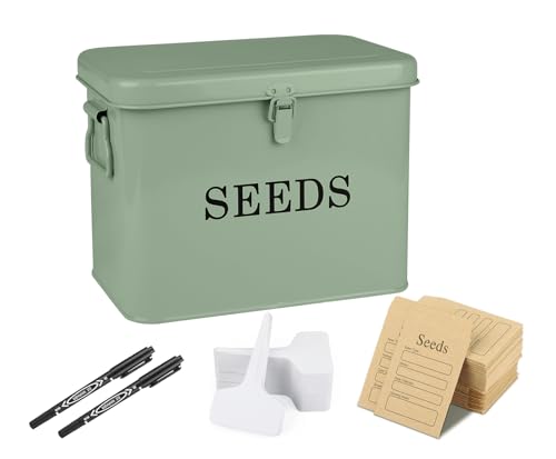 Xbopetda Seed Storage Organizer, T-Shape Compartment Seed Box with Safety Lock, Metal Seed Saving Box, Portable Seed Bin Container with Handle, Including 2 Pens 20 Plant Labels 50 Seed Envelopes-Green