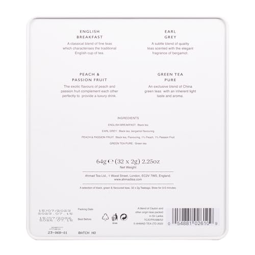 Ahmad Tea London Gifts | Tea Selection Cameo Ivory Caddy | Gift | London & English Souvenirs | 32 Teabag Sachets | 4 Flavours