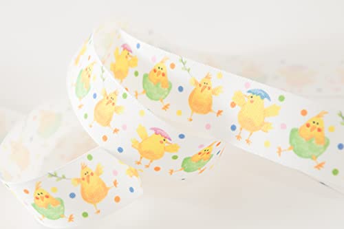 Berisfords Taffeta Easter/Spring Patterned Ribbon ‘Spring Chicks’ Multicolour on Yellow 25mm Wide 25m Reel - Image 4