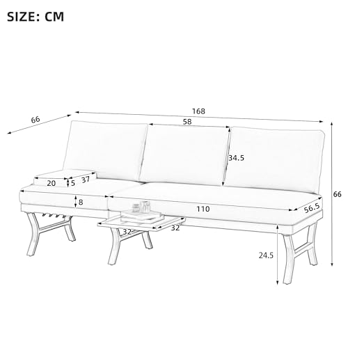 Canapé de jardin 3 places inclinable beige avec table basse réglable