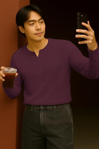 Image of Men's Solid Slim Fit Full Sleeve Henley Neck Rib Textured Cotton Blend T-Shirt | Casual & Office Wear | Daily & Travel use