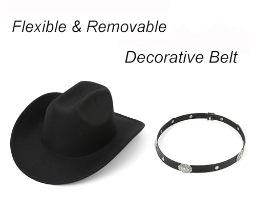 Image of Classic-Western-Cowboy-Hat Upturn-Brim Felt-Cowgirl-Hat Rodeo-Hats with Belt for Women Men (Fit for 22.4-23.2 inch)