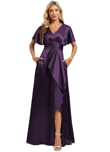 Image of Elegant Satin Bridesmaid Dress with Sleeves Ruffles High Silt Formal Dresses Long for Women Fall DIN022
