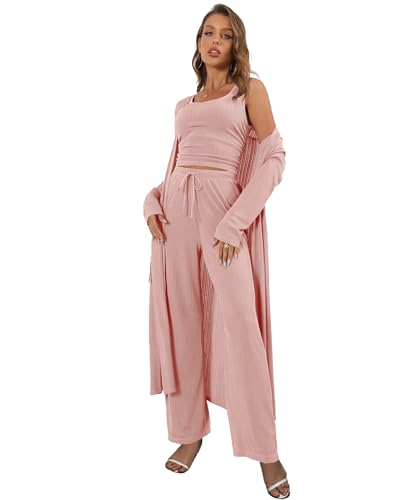 Image of 3 Piece Lounge Sets for Women Airport Travel Outfit | Long Cardigan,Tank Top ,Wide Leg Pants with Pockets,Comfy Loungewear,Casual Chic, Airplane Clothing,Vacation Matching Set