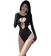 QNCLO Women's sexy long sleeved lace jumpsuit with hollowed out hanging neck anime cosplay underw...