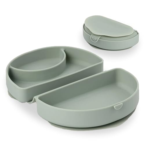 Image of Miniware Baby Travel Plate with Suction - Foldable Silicone Baby Travel Essential to Promote Self-Feeding - Dishwasher Safe, BPA Free, Food Grade Silicone Baby Plate for On The Go - Sage Silifold