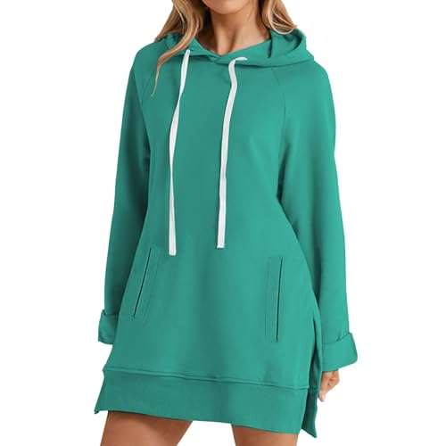 Hoodie Damen Oversize Hoodie Lang | Partte Seite Pullover Sweatshirt mit Kapuze und Taschen Kordelzug Kaputzenshirt Große Größen Einfarbig Basic Langrmshirt Kaputzenpulli, verde menta, XXL