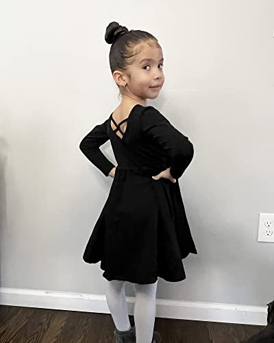 Image of Stelle Long Sleeve Girls Dress Toddler Dresses Skater Twirl Cotton A-Line Dress for School Casual | Criss Cross Back,Crew Neck,High Waist,Spinny Swing,Stretchable,Spring Fall Winter,Casual School Birthday Dance