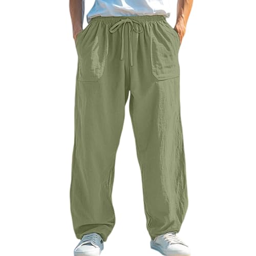 Men's Casual Cotton Linen Pants Drawstring Elastic Waist Loose Fit Beach Pants Lightweight Breathable Lounge Pant