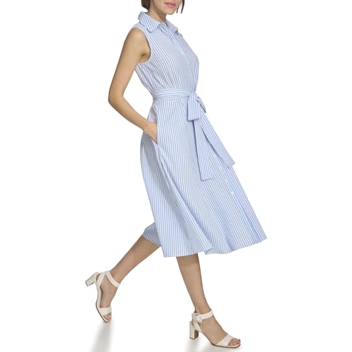 Image of Tommy Hilfiger Women's Sleeveless Collared Button Front Tie Waist Midi Shirt Dress