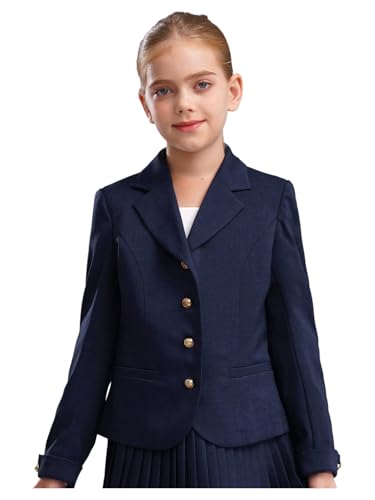 FEESHOW Kinder Mädchen Blazer Elegant Revers Anzug Jacke Slim Fit Mit Taschen Formale Schul Mantel Einfarbig Marineblau 158-164